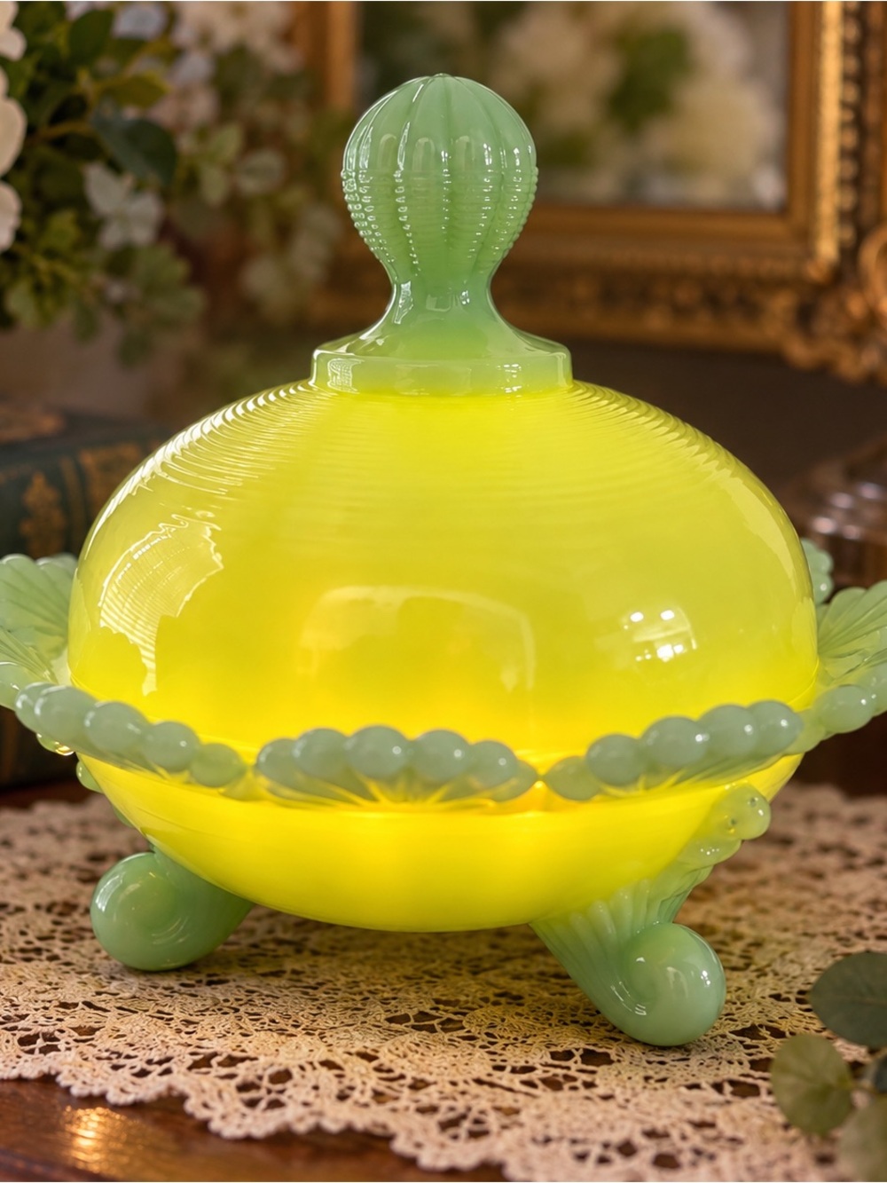 Mosser Jadeite Green Glass Covered Dish Fairy Lamp